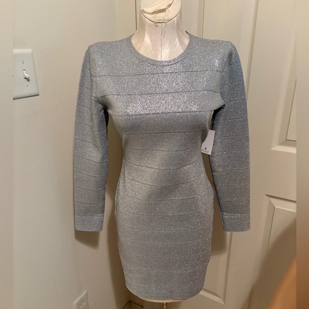 Herve Leger  NWT Elegant Silver Bodycon Dress size Medium $1390 long sleeve